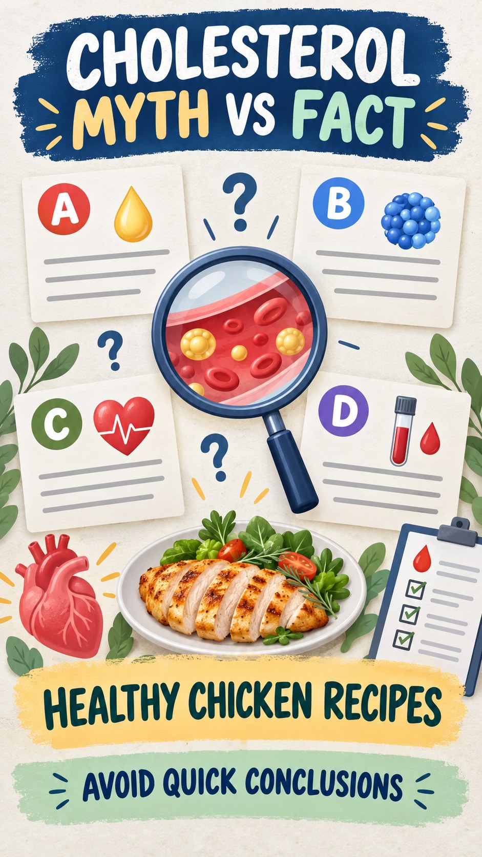 Cholesterol Myth Versus Fact infographic for Healthy Chicken Recipes, using a non-numerical educational lipid-panel layout with question and context icons.