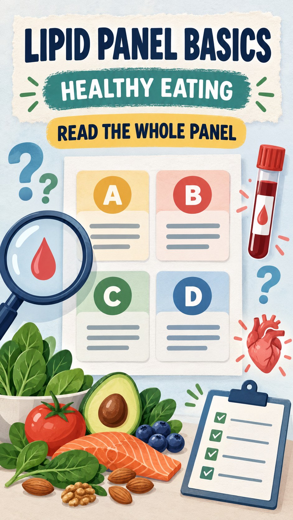 Lipid Panel Basics infographic for Healthy Eating, using a non-numerical educational lipid-panel layout with question and context icons.