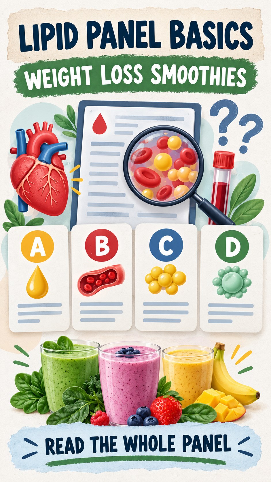 Lipid Panel Basics infographic for Weight Loss Smoothies, using a non-numerical educational lipid-panel layout with question and context icons.