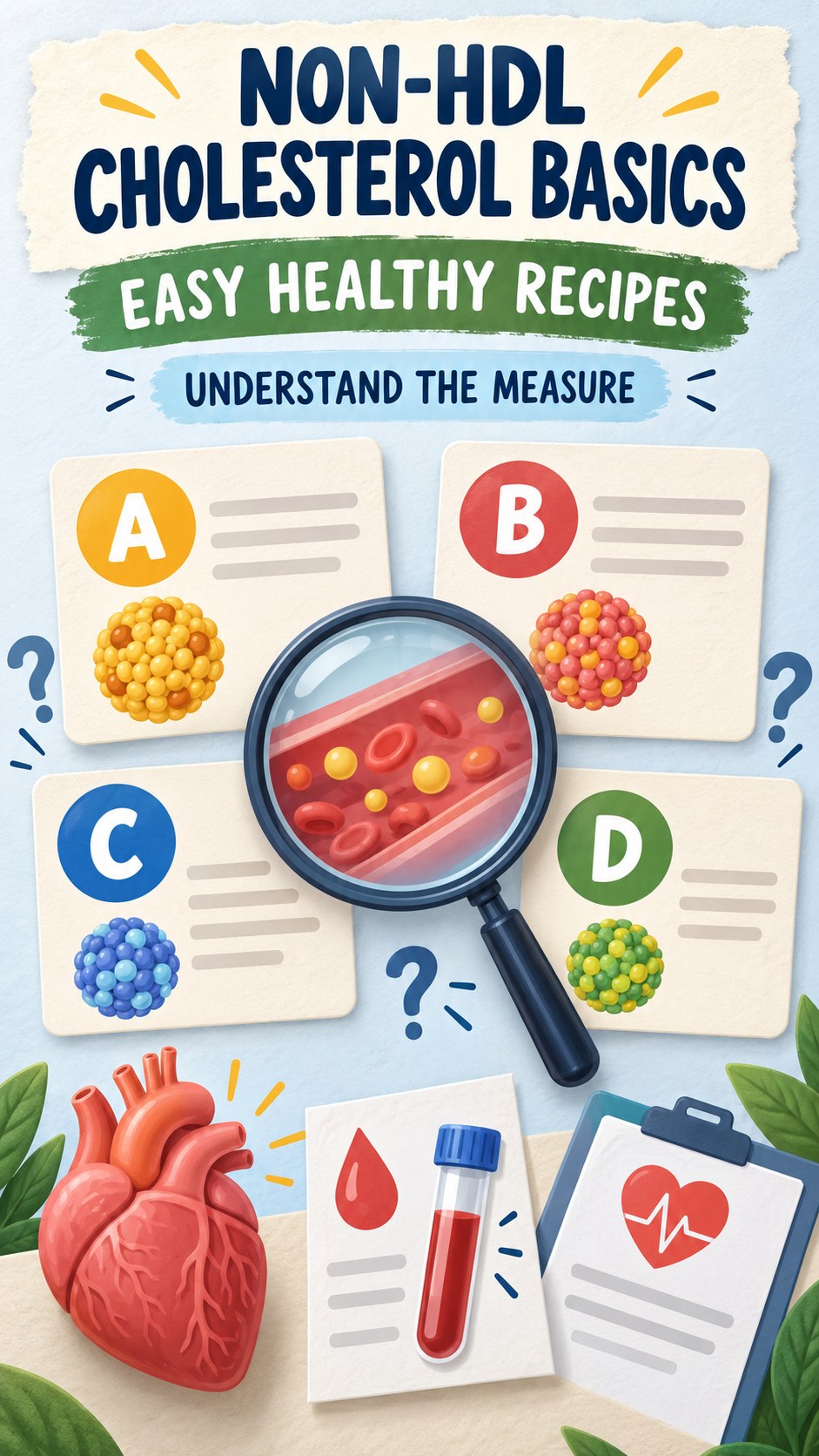 Non-HDL Cholesterol Basics infographic for Easy Healthy Recipes, using a non-numerical educational lipid-panel layout with question and context icons.