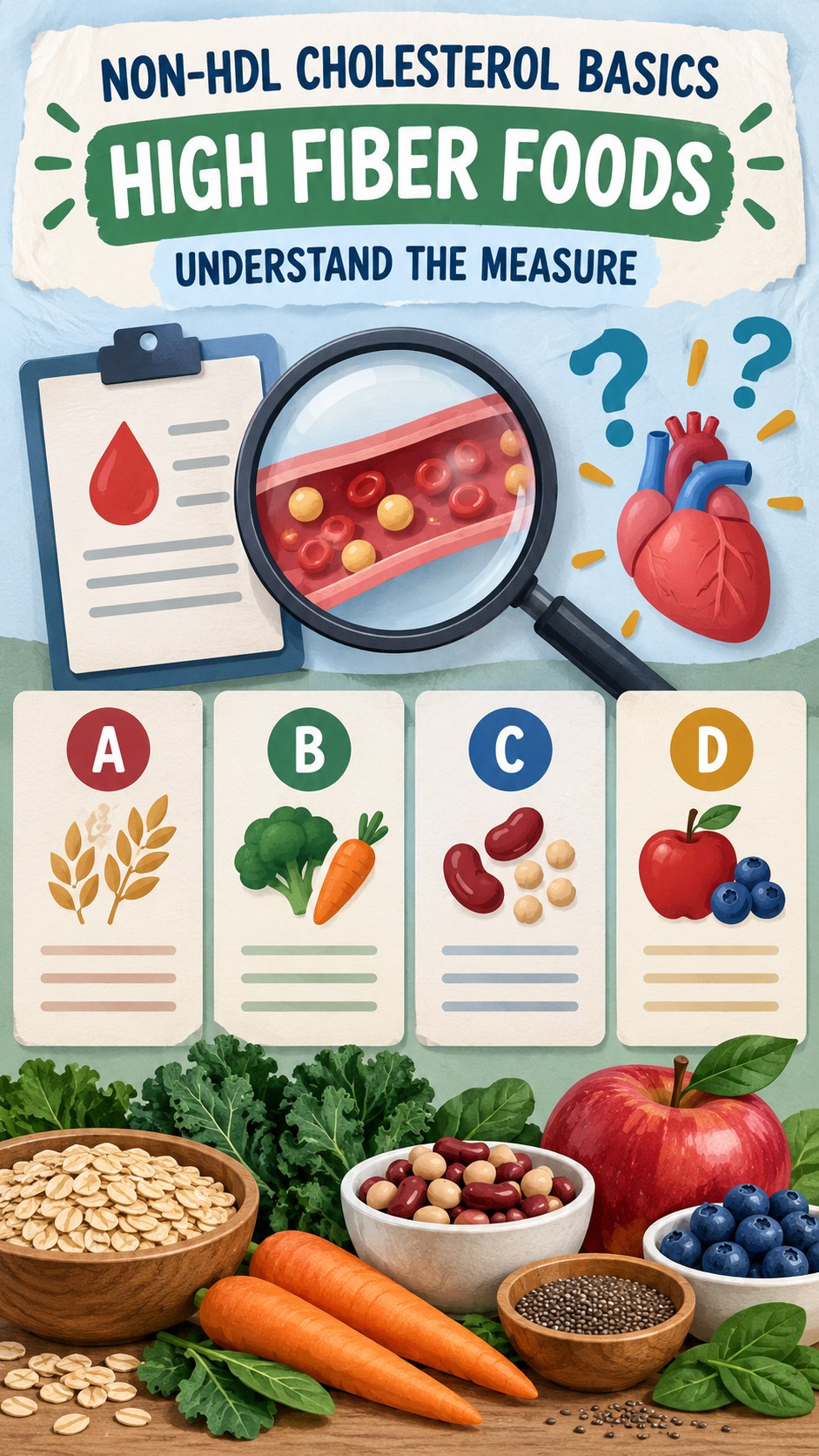 Non-HDL Cholesterol Basics infographic for High Fiber Foods, using a non-numerical educational lipid-panel layout with question and context icons.