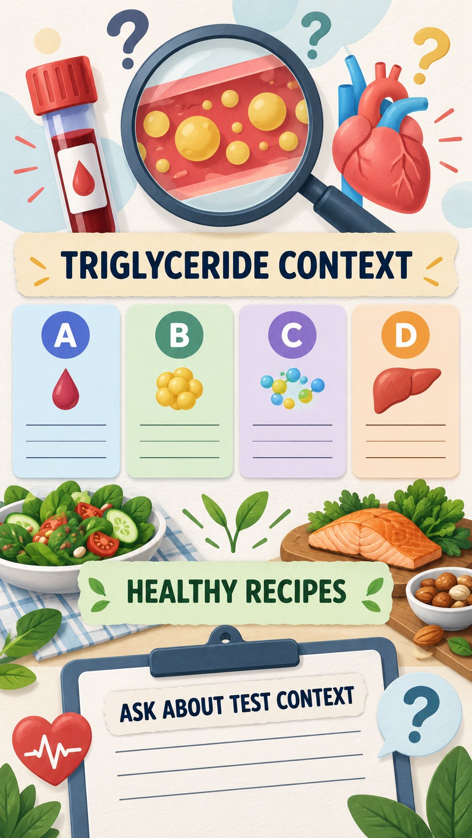 Triglyceride Context Checklist infographic for Healthy Recipes, using a non-numerical educational lipid-panel layout with question and context icons.