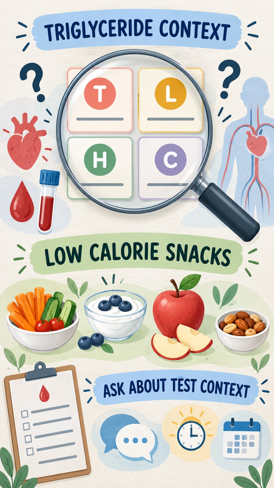 Triglyceride Context Checklist infographic for Low Calorie Snacks, using a non-numerical educational lipid-panel layout with question and context icons.