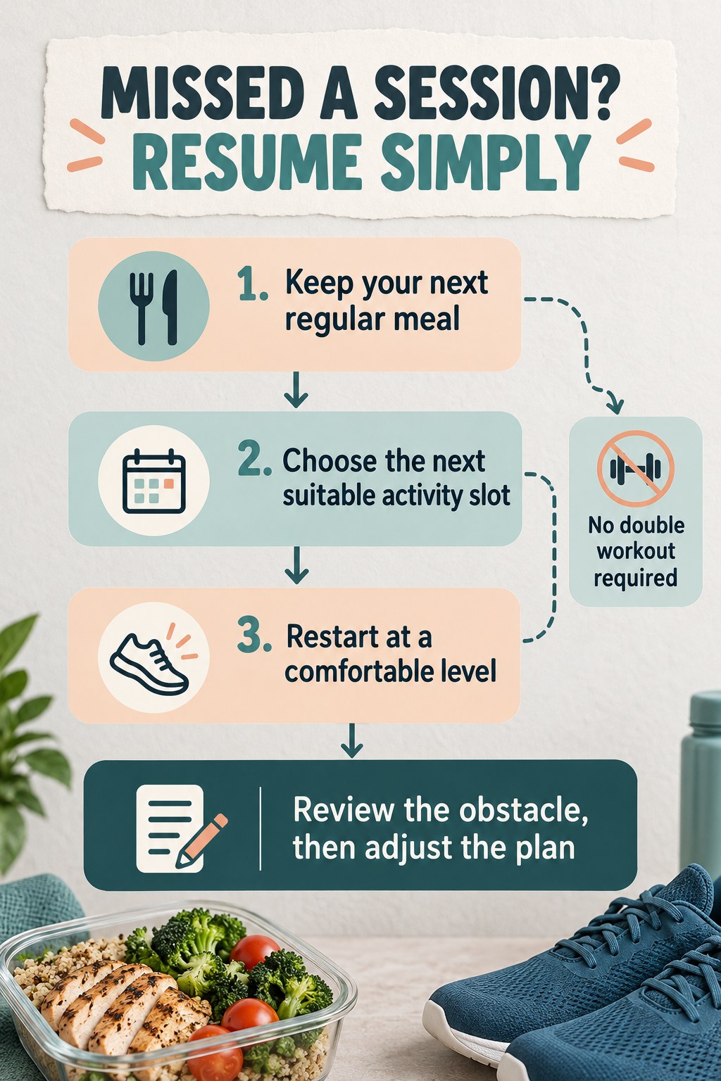 A three-step flowchart links regular meals, the next activity slot, and a comfortable restart without a double workout.