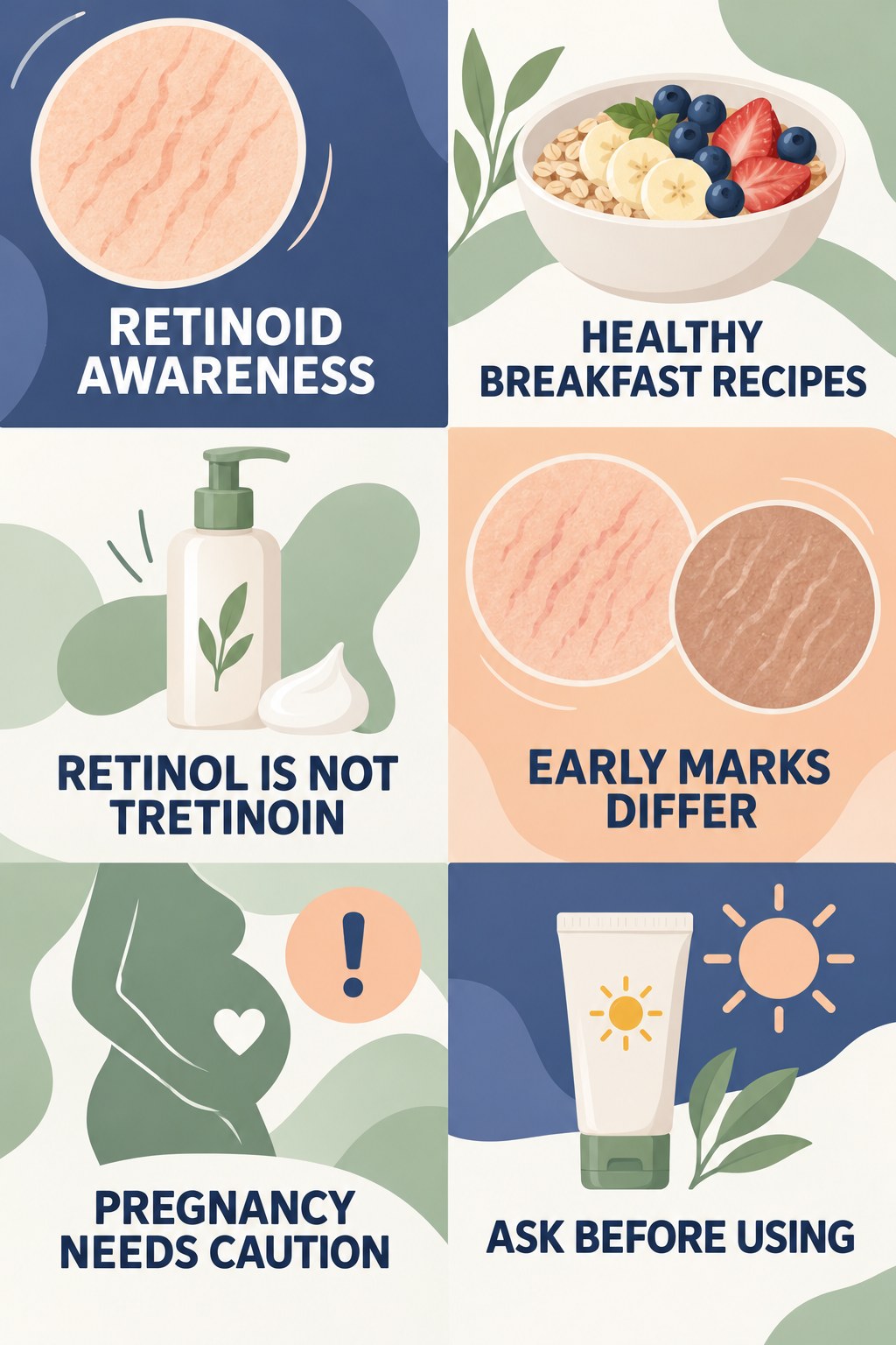Retinol and Retinoid Awareness infographic for Healthy Breakfast Recipes with four concise, body-neutral stretch-mark skincare points.