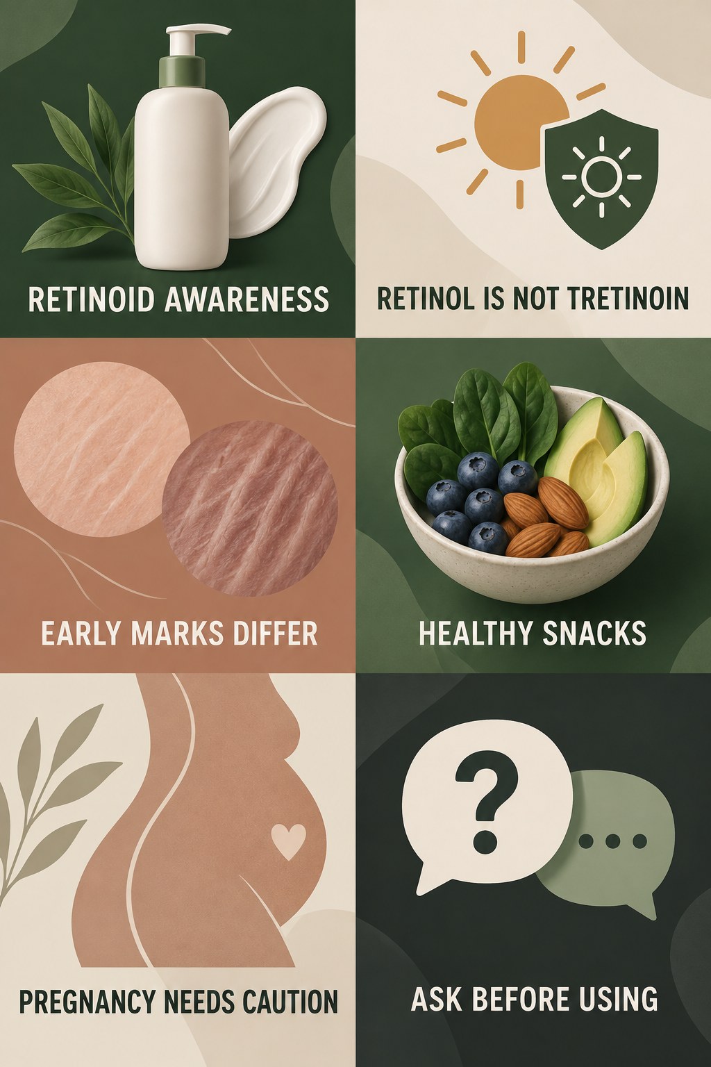 Retinol and Retinoid Awareness infographic for Healthy Snacks with four concise, body-neutral stretch-mark skincare points.