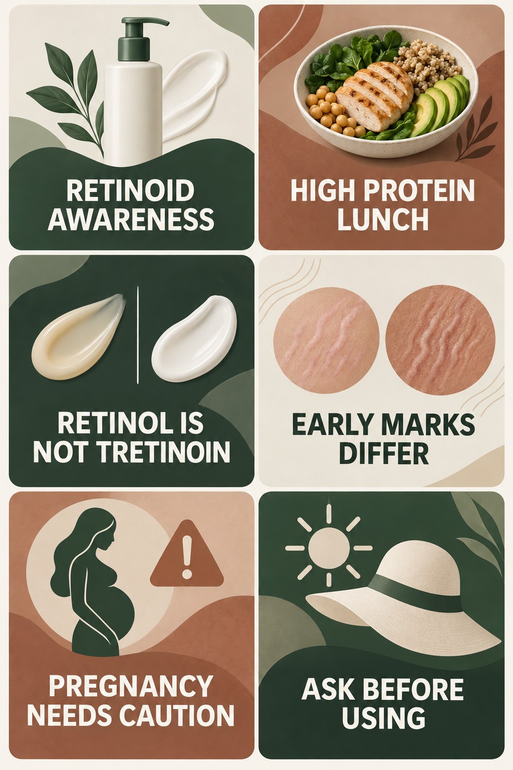 Retinol and Retinoid Awareness infographic for High Protein Lunch with four concise, body-neutral stretch-mark skincare points.