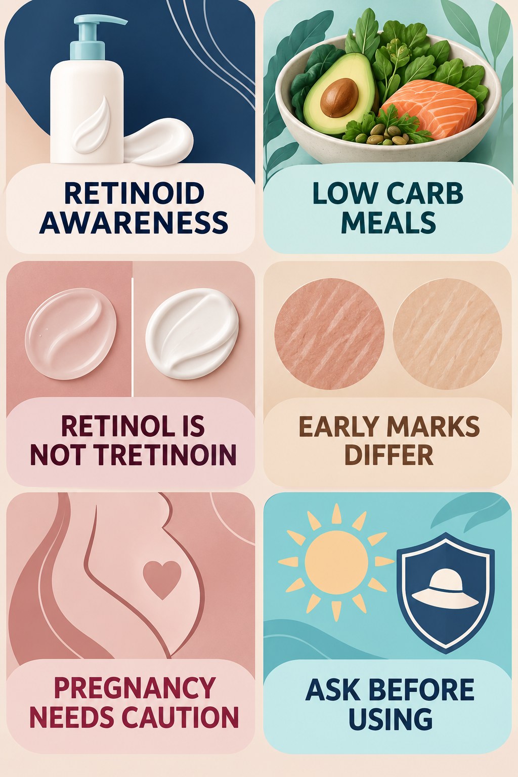 Retinol and Retinoid Awareness infographic for Low Carb Meals with four concise, body-neutral stretch-mark skincare points.