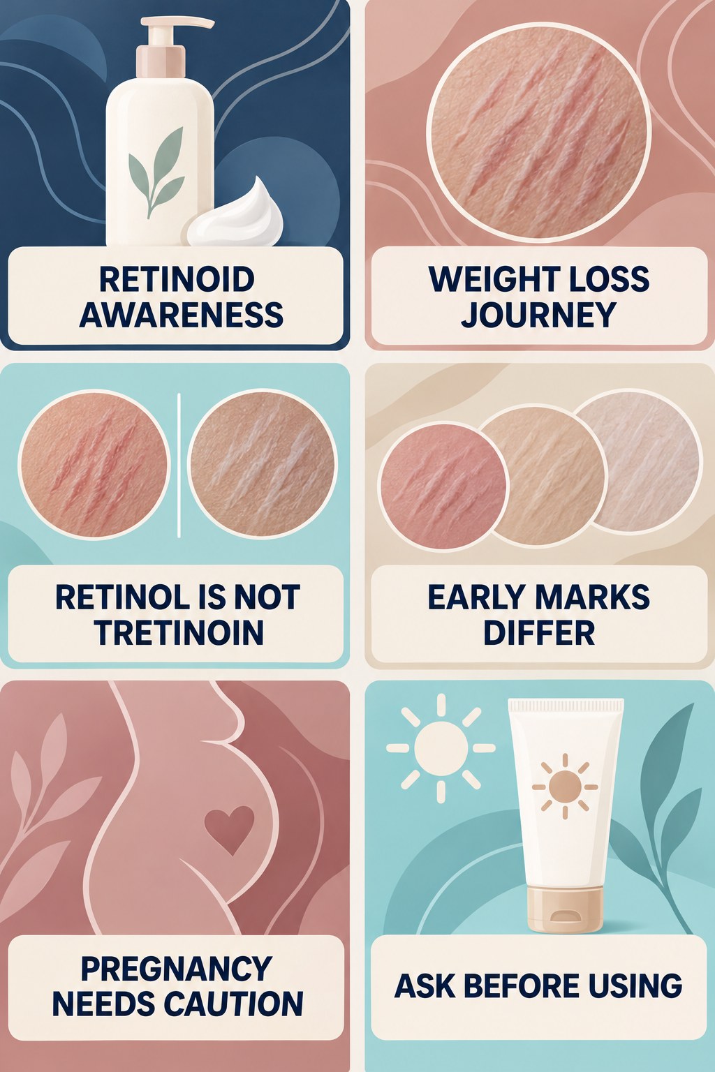 Retinol and Retinoid Awareness infographic for Weight Loss Journey with four concise, body-neutral stretch-mark skincare points.