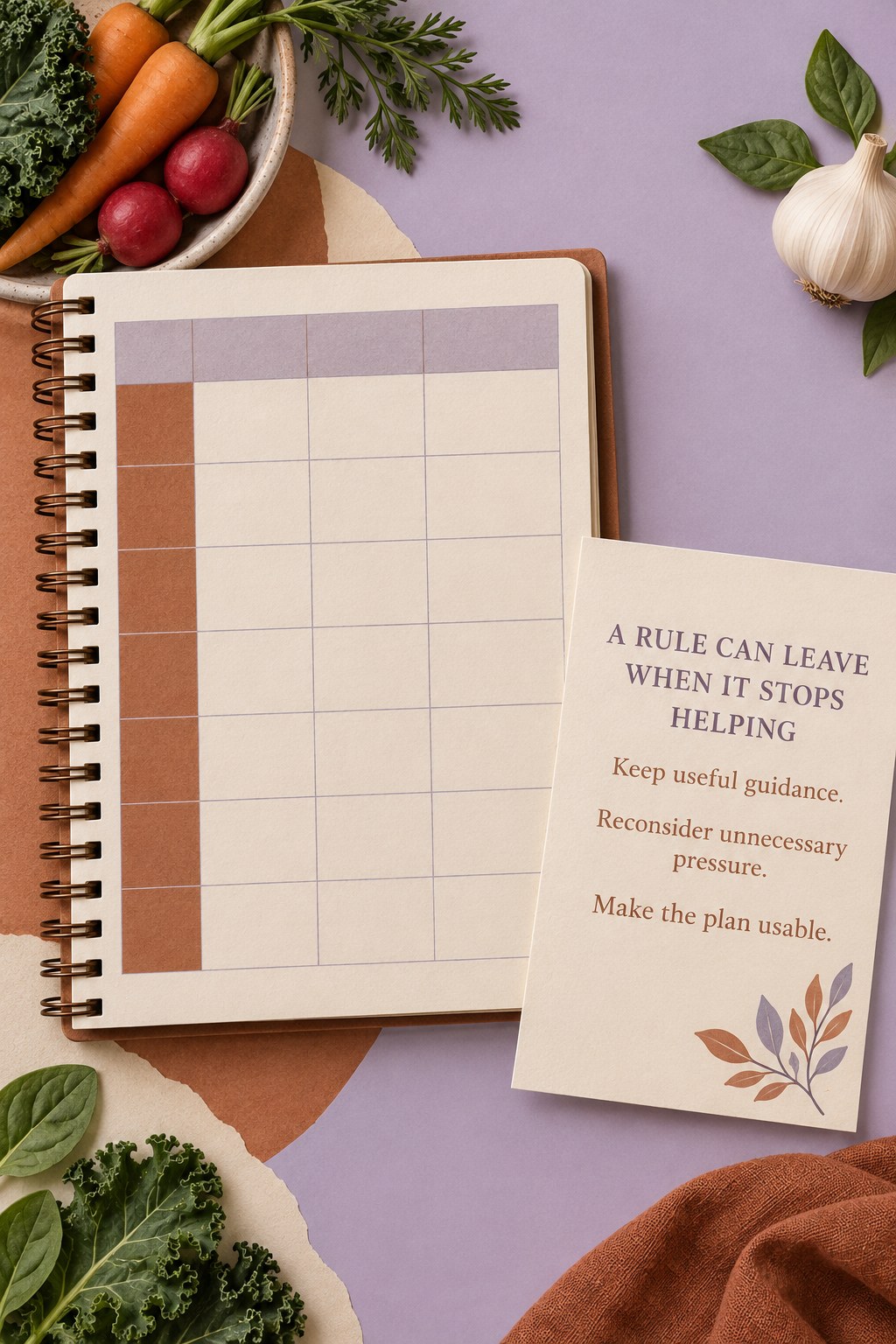 Illustrated meal planning notebook with one loose page set aside and a reminder that unhelpful rules can be retired.