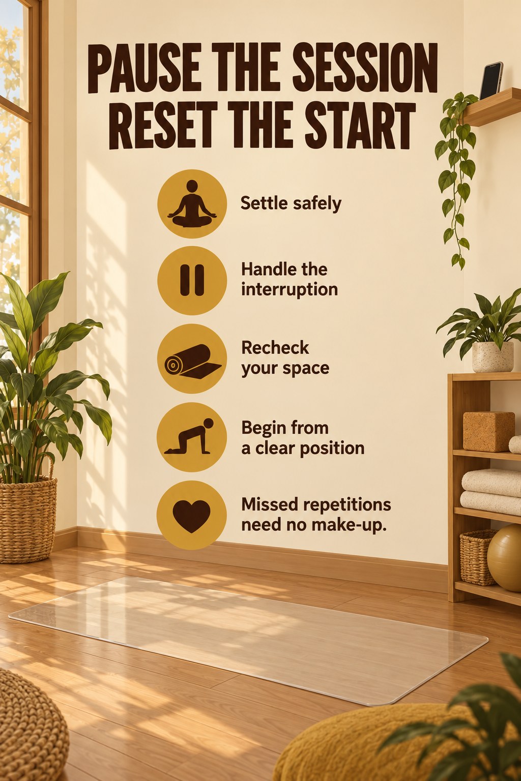 An illustrated Pilates room with a clear practice area and a phone on a high shelf beside a restart checklist.