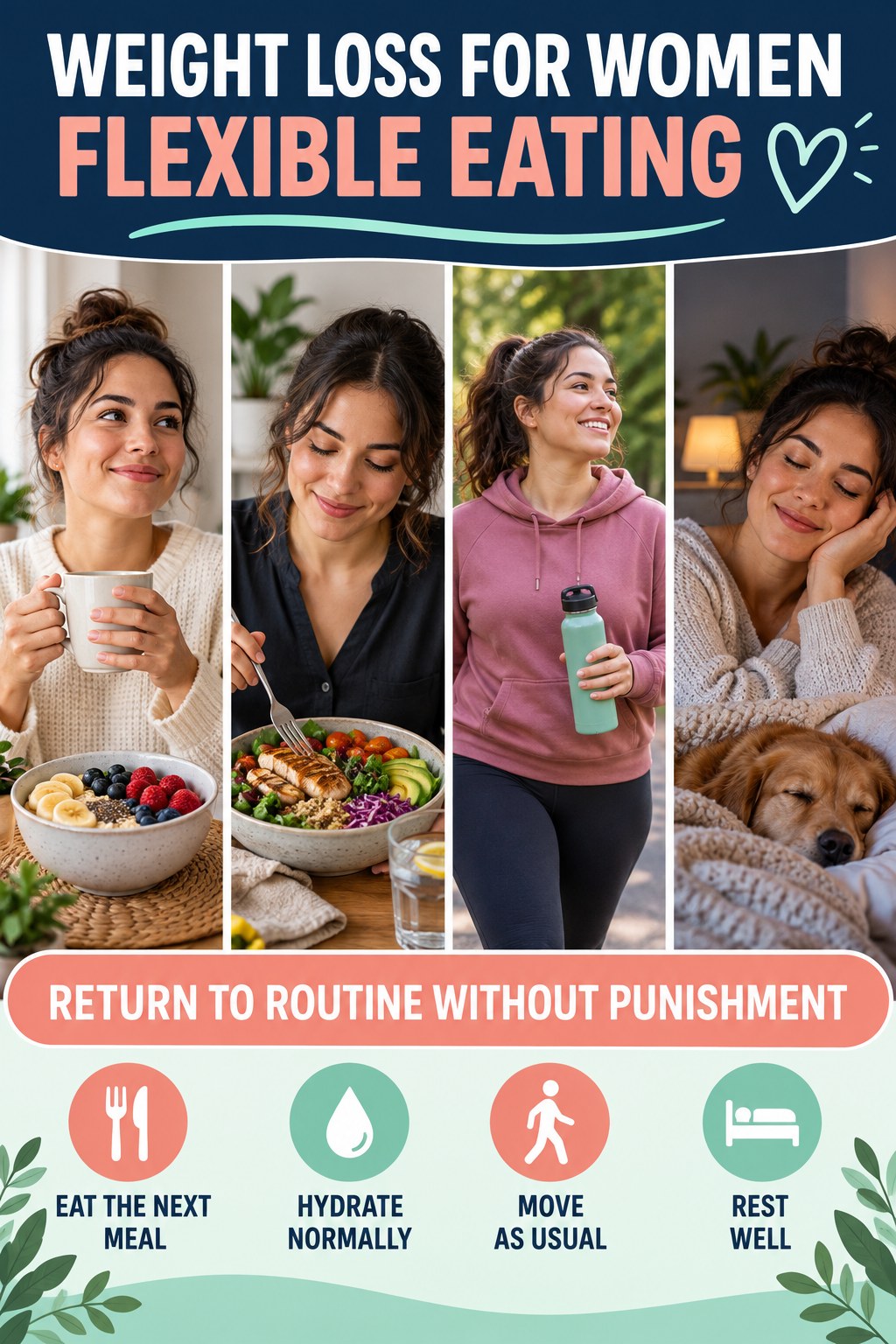 Weight Loss for Women flexible eating graphic titled Return to Routine Without Punishment with four practical balance prompts.