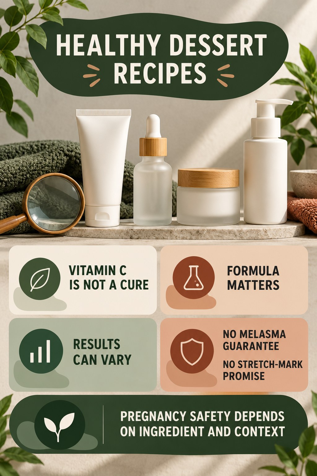 Review Vitamin C Without a Cure Promise pregnancy skincare ingredient-question infographic for Healthy Dessert Recipes with four careful label-review points.