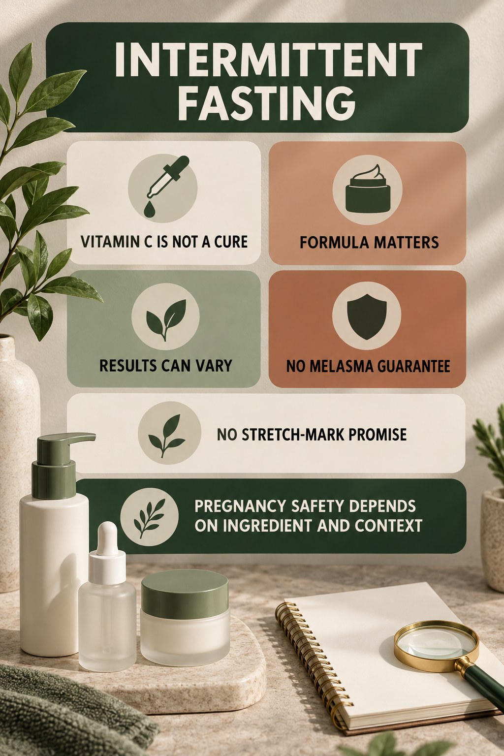 Review Vitamin C Without a Cure Promise pregnancy skincare ingredient-question infographic for Intermittent Fasting with four careful label-review points.