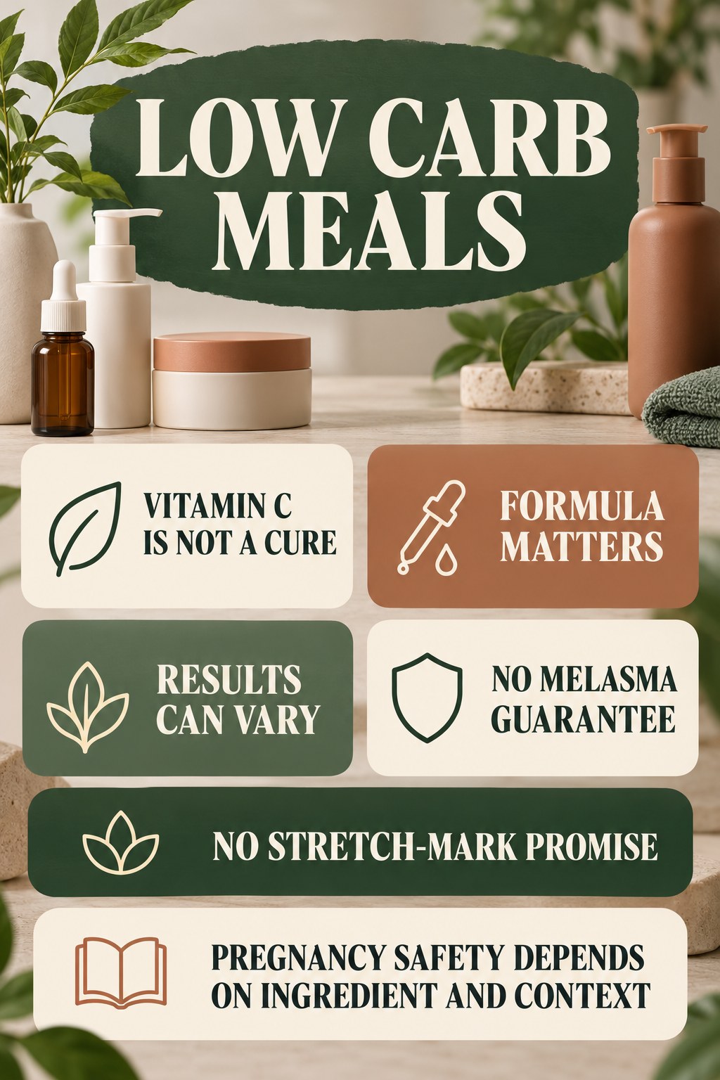 Review Vitamin C Without a Cure Promise pregnancy skincare ingredient-question infographic for Low Carb Meals with four careful label-review points.