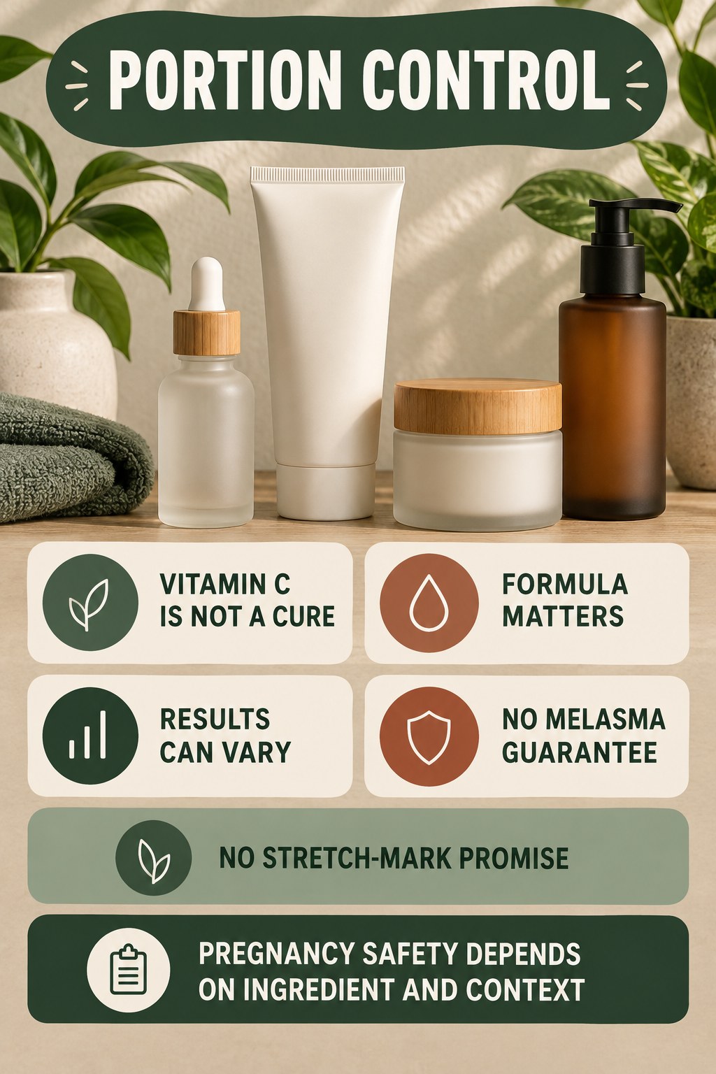 Review Vitamin C Without a Cure Promise pregnancy skincare ingredient-question infographic for Portion Control with four careful label-review points.