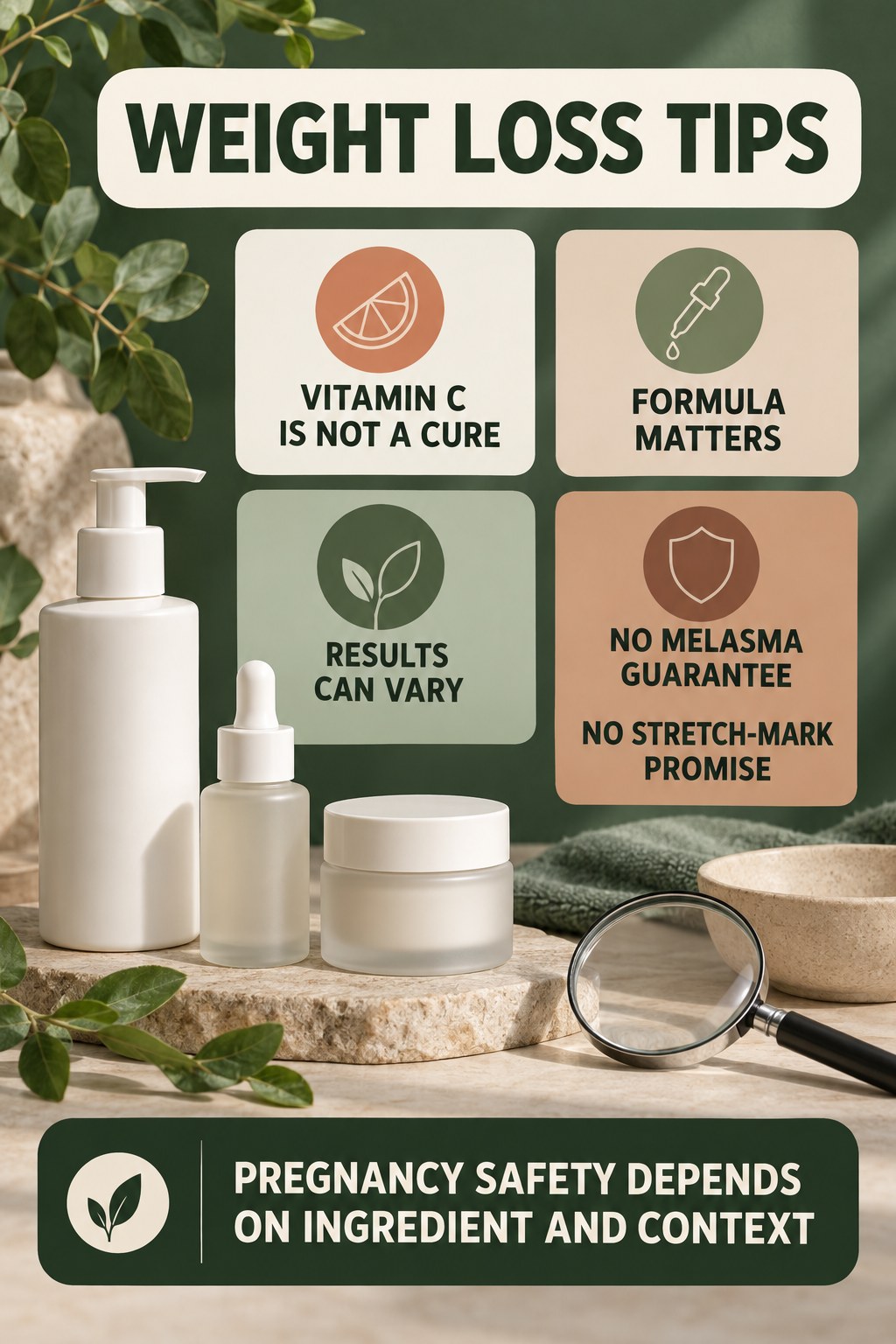 Review Vitamin C Without a Cure Promise pregnancy skincare ingredient-question infographic for Weight Loss Tips with four careful label-review points.