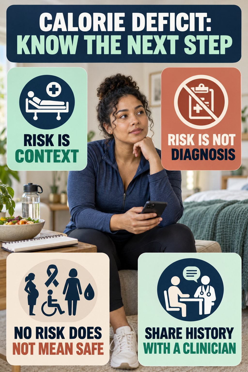 Risk Context Without Diagnosis infographic for Calorie Deficit, explaining vein-health warning signs and the appropriate next action without diagnosing a condition.