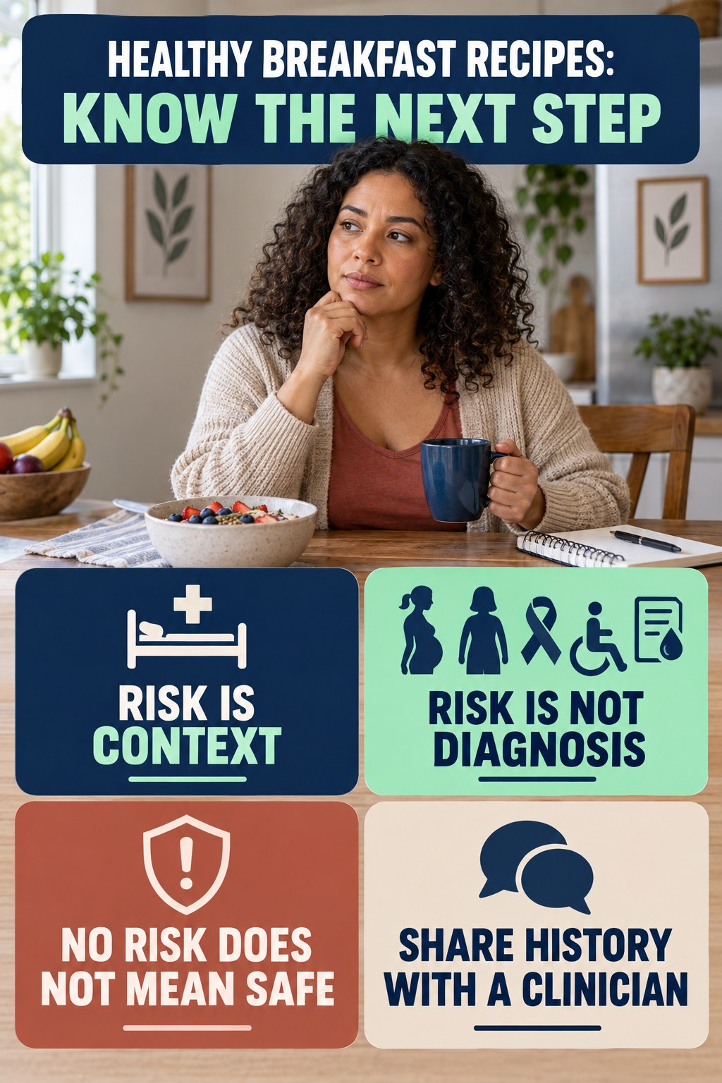Risk Context Without Diagnosis infographic for Healthy Breakfast Recipes, explaining vein-health warning signs and the appropriate next action without diagnosing a condition.