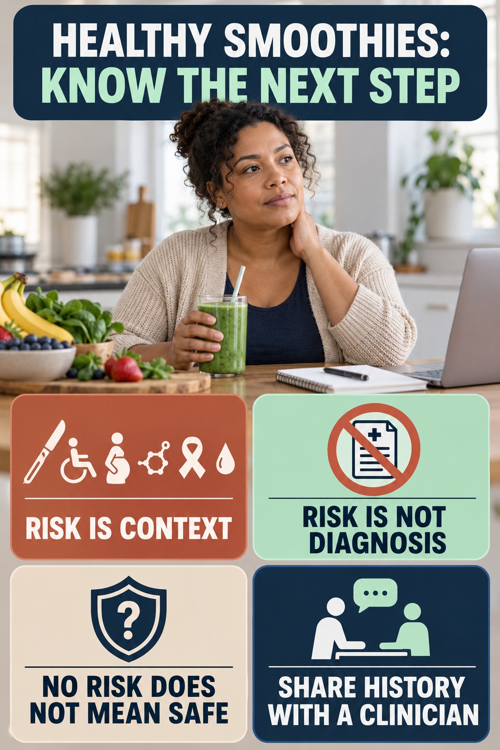 Risk Context Without Diagnosis infographic for Healthy Smoothies, explaining vein-health warning signs and the appropriate next action without diagnosing a condition.