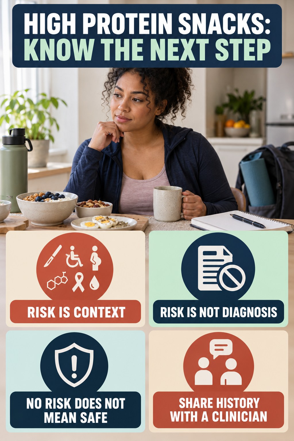 Risk Context Without Diagnosis infographic for High Protein Snacks, explaining vein-health warning signs and the appropriate next action without diagnosing a condition.