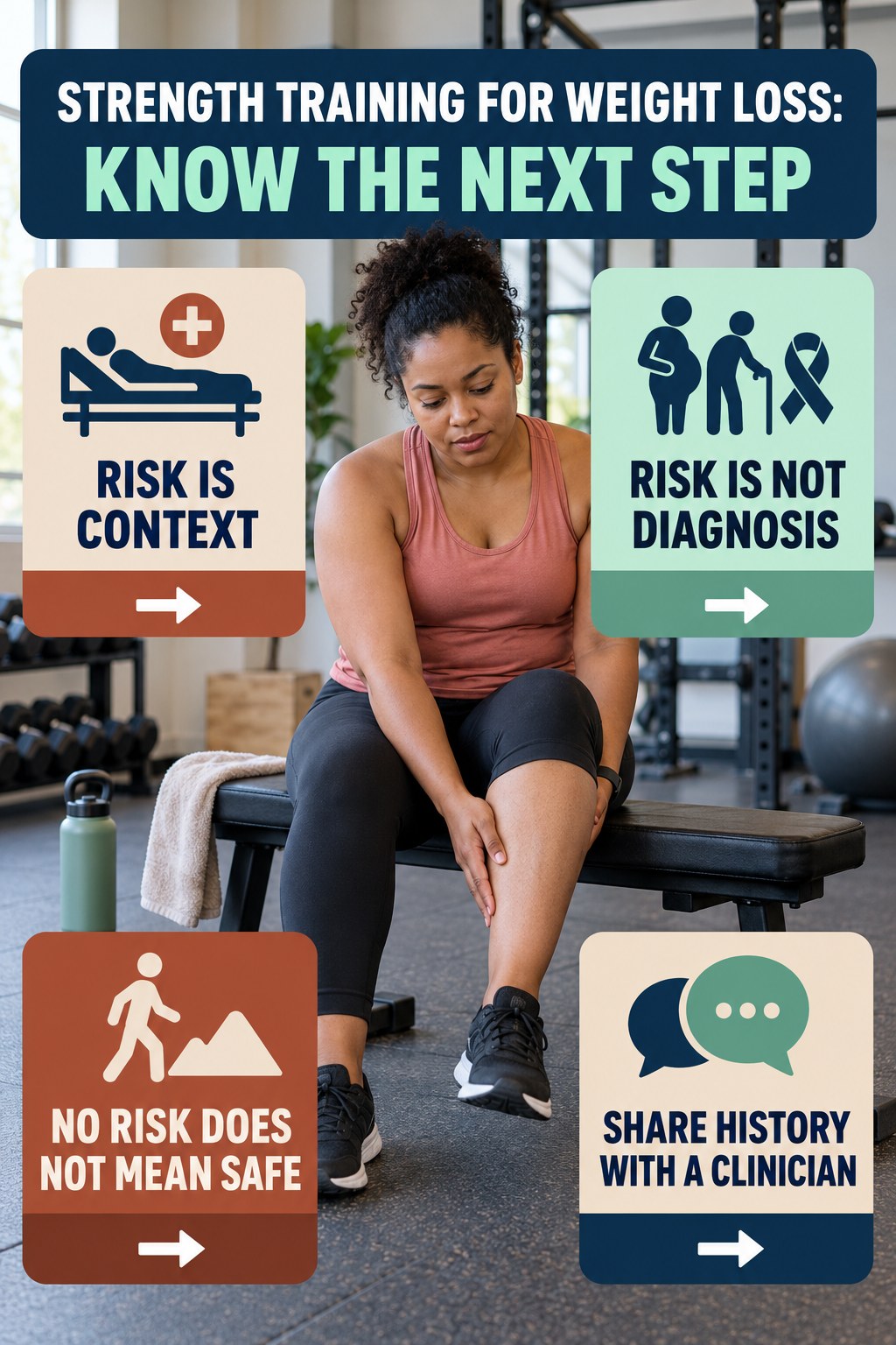 Risk Context Without Diagnosis infographic for Strength Training for Weight Loss, explaining vein-health warning signs and the appropriate next action without diagnosing a condition.