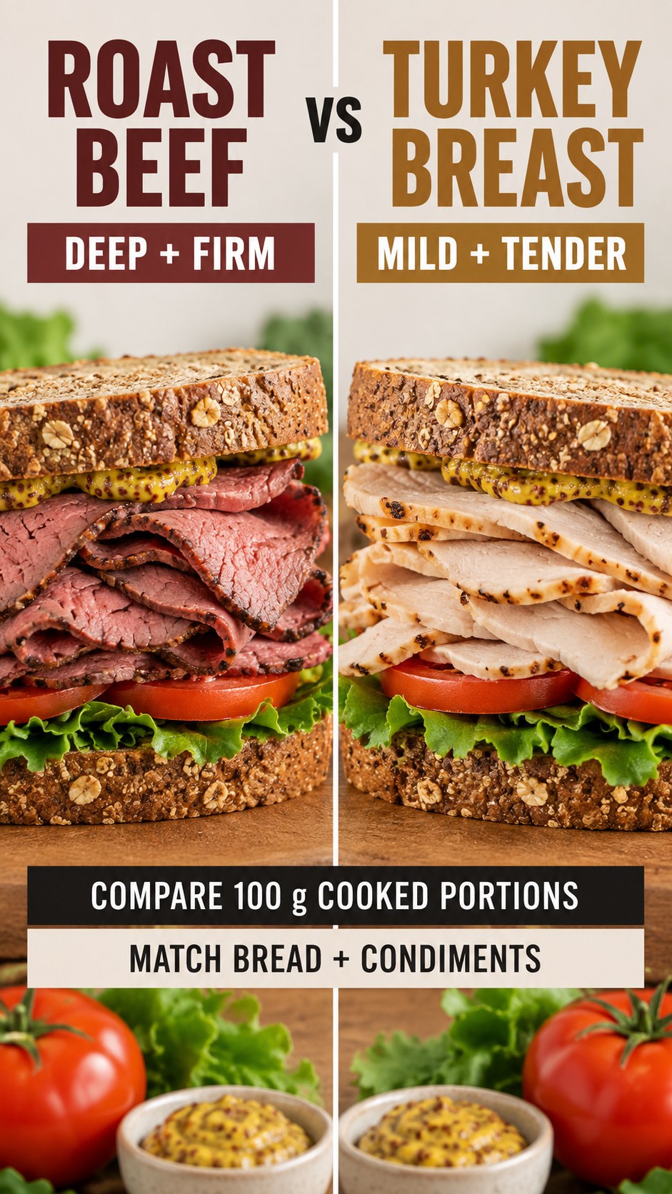 Sliced roast beef and turkey breast in equal portions with identical bread and vegetables for lunch.