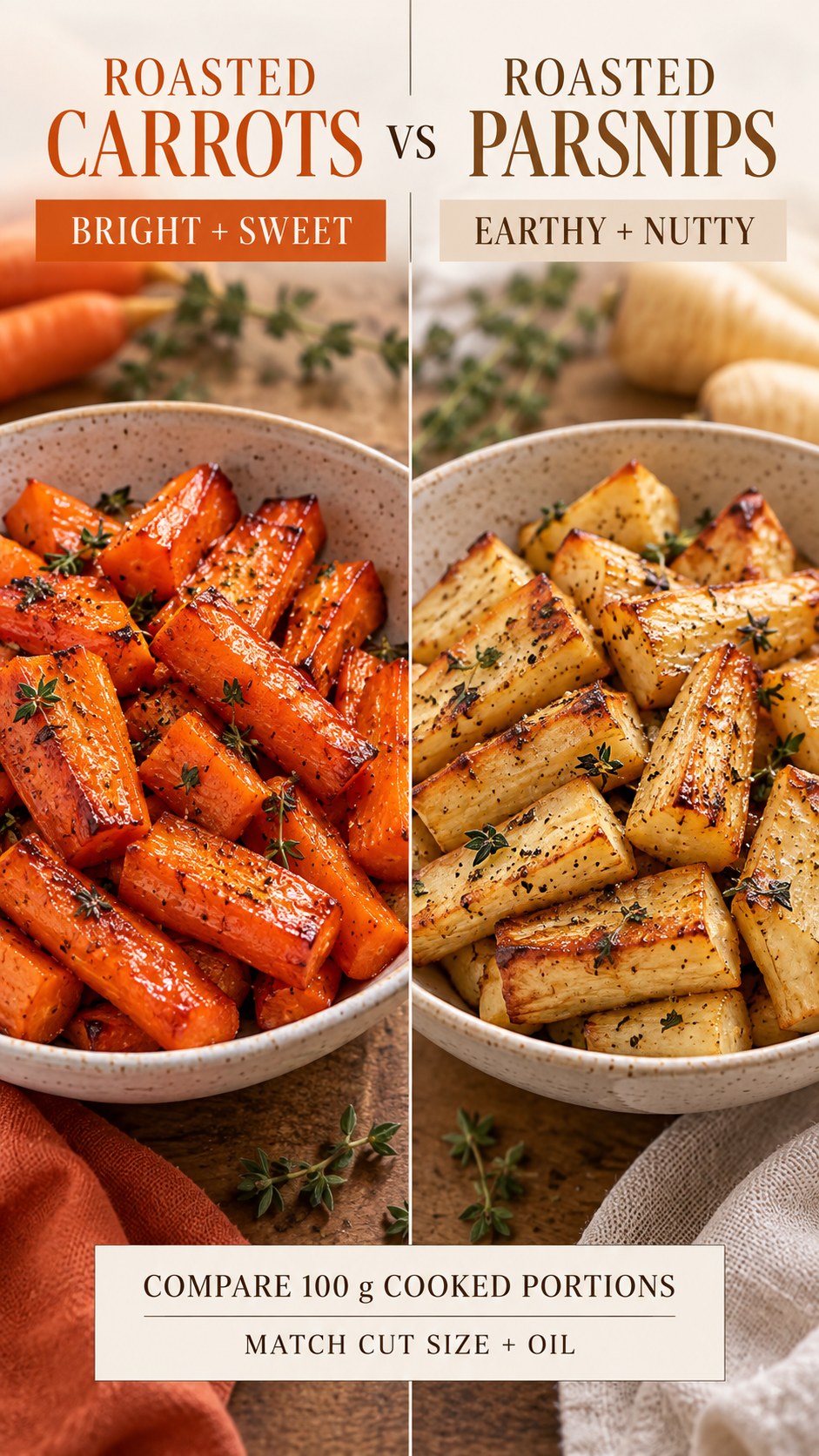 Roasted carrots and parsnips in equal 100 g cooked portions, compared for color, texture, browning, and recipe use.