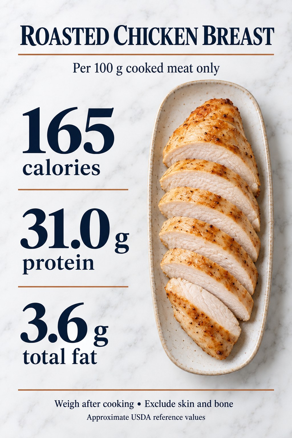 Roasted chicken breast nutrition card with 165 calories, 31.0 g protein, and 3.6 g total fat per 100 g cooked meat only.