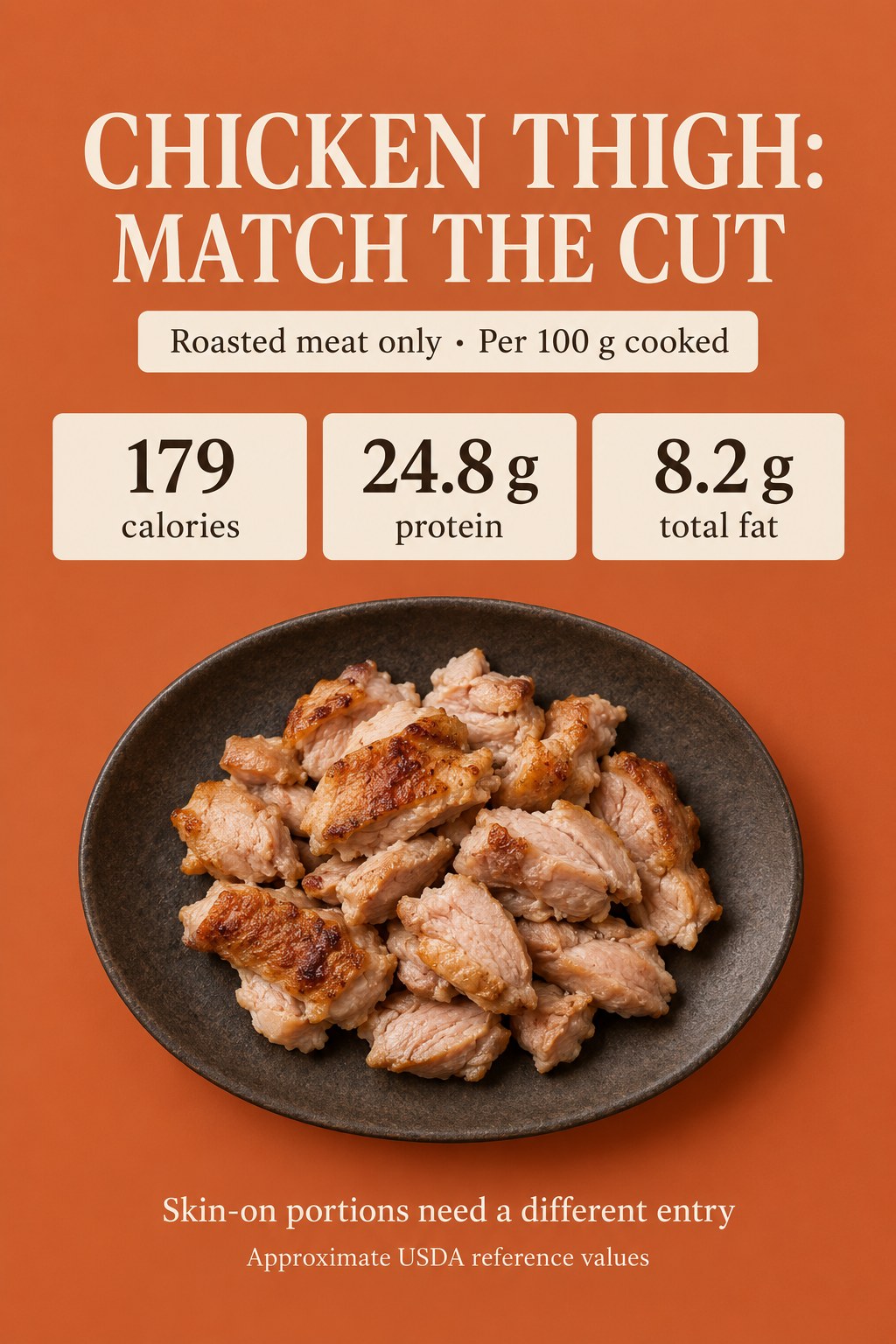 Chicken thigh infographic showing 179 calories, 24.8 g protein, and 8.2 g total fat per 100 g roasted cooked meat only, without skin.