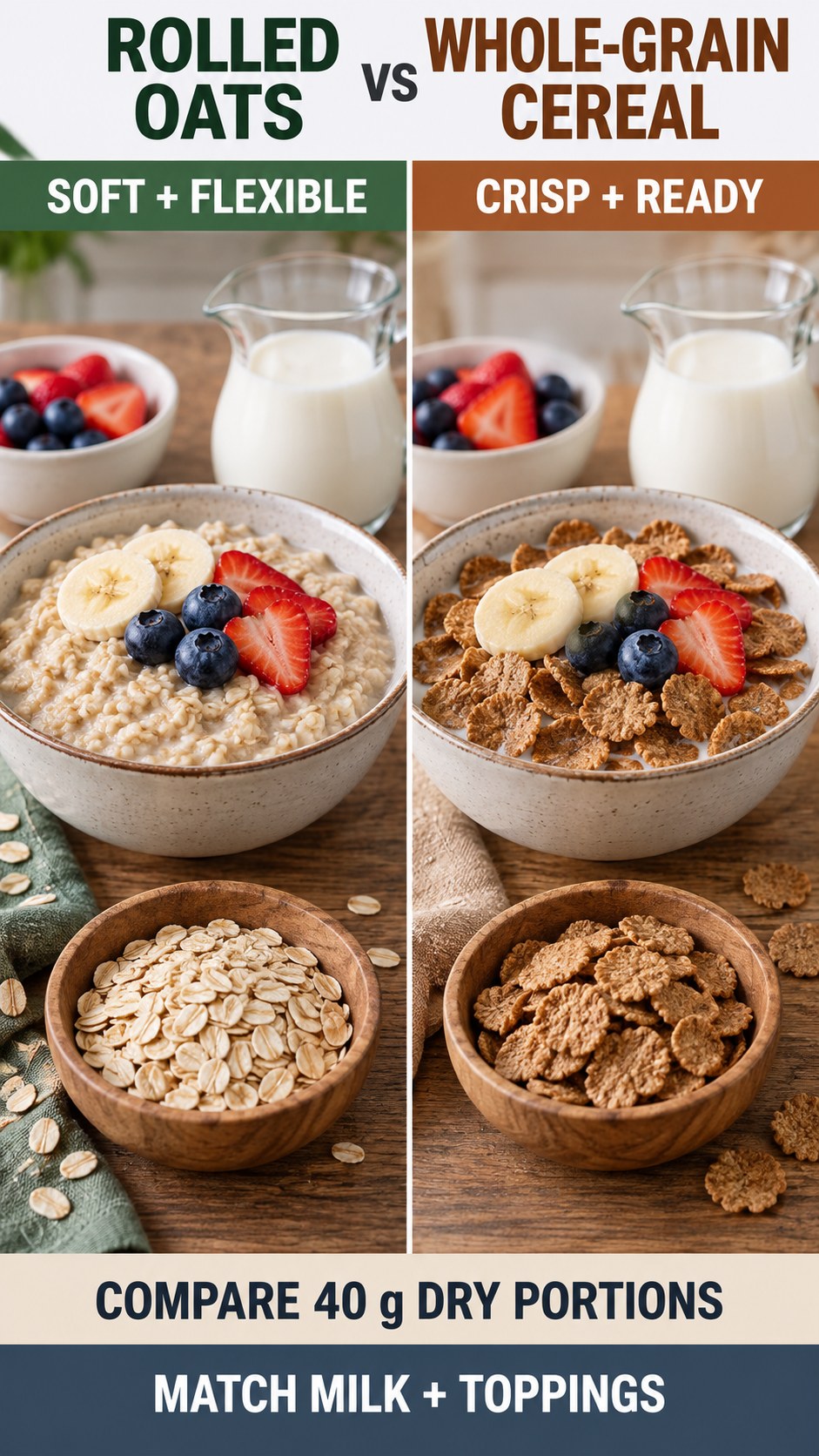 Rolled oats and whole-grain cereal in equal 40 g dry portions with matching milk for a budget breakfast.