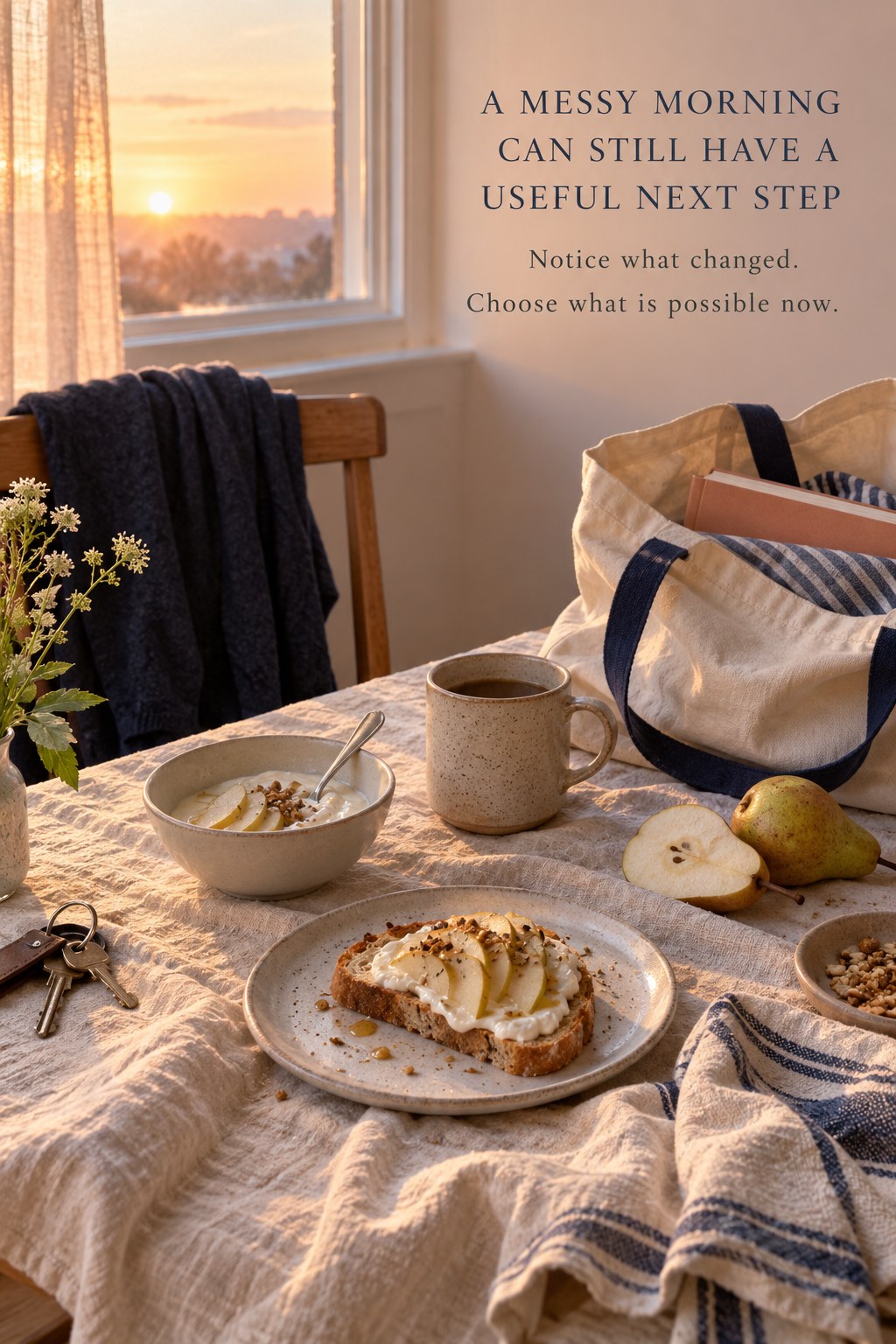 Breakfast toast and fruit beside keys and an open bag with encouragement after a rushed morning.