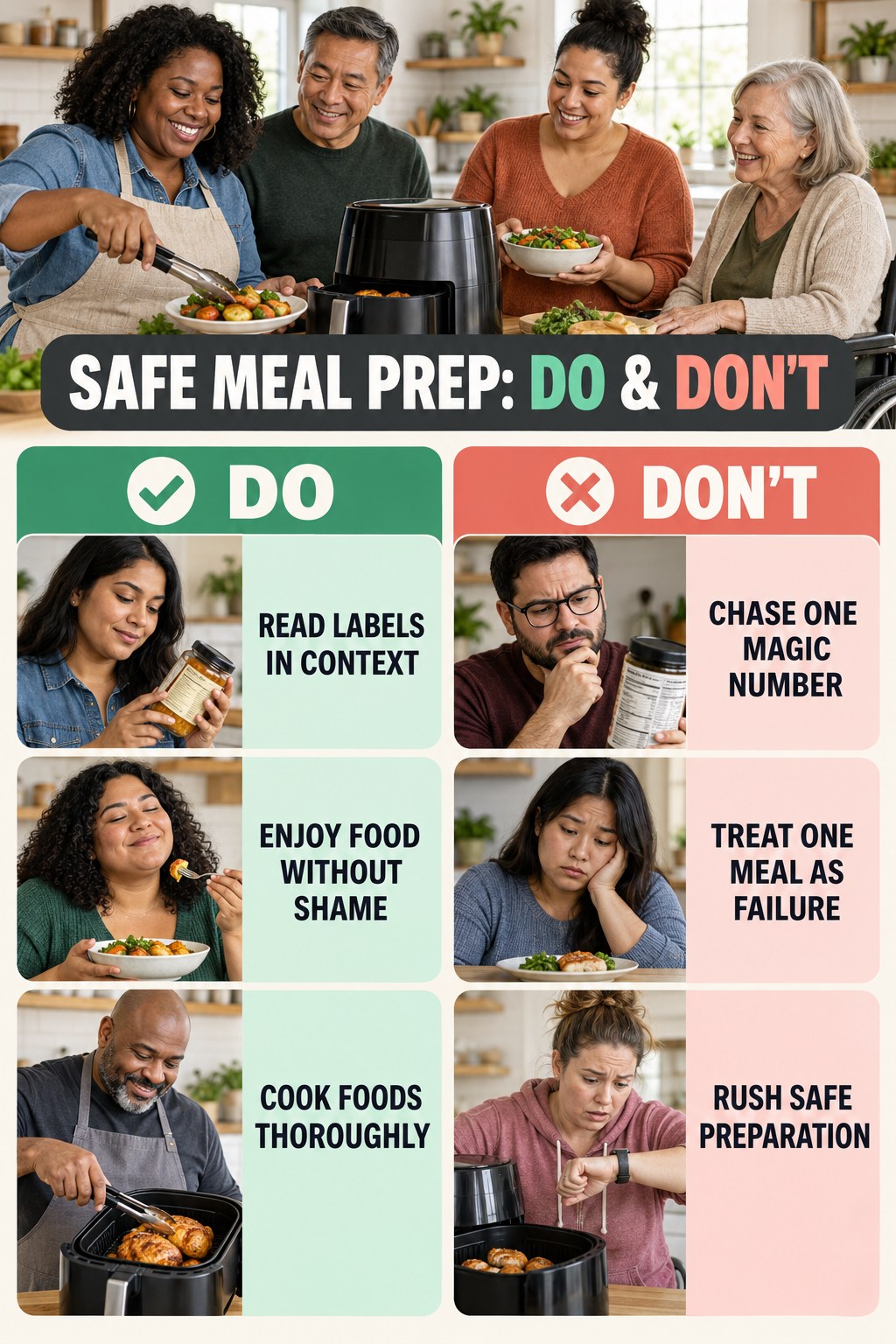 Healthy Air Fryer Recipes Do and Don’t comparison graphic showing three practical behavior pairs for safe meal prep.