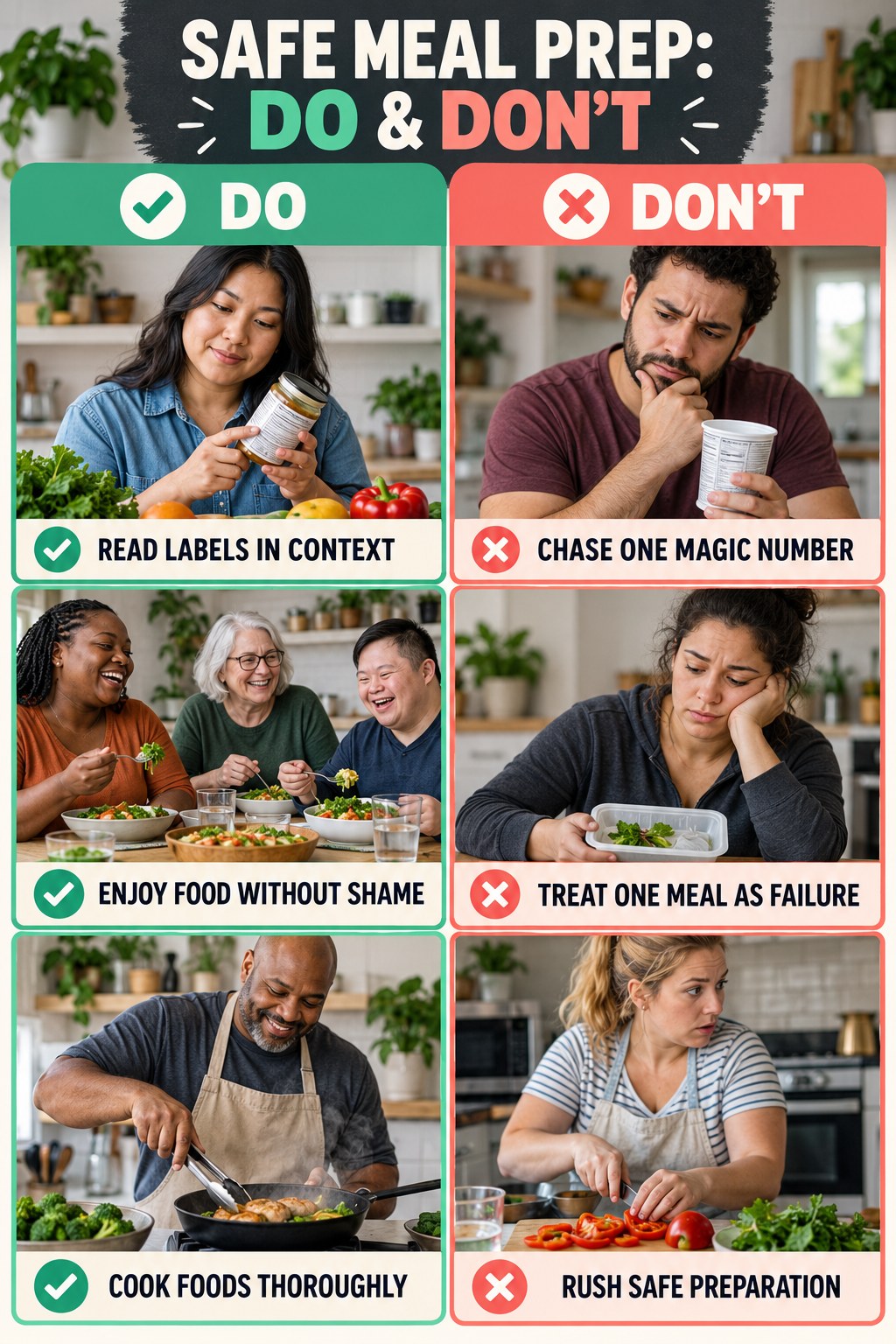 Healthy Lunch Recipes Do and Don’t comparison graphic showing three practical behavior pairs for safe meal prep.