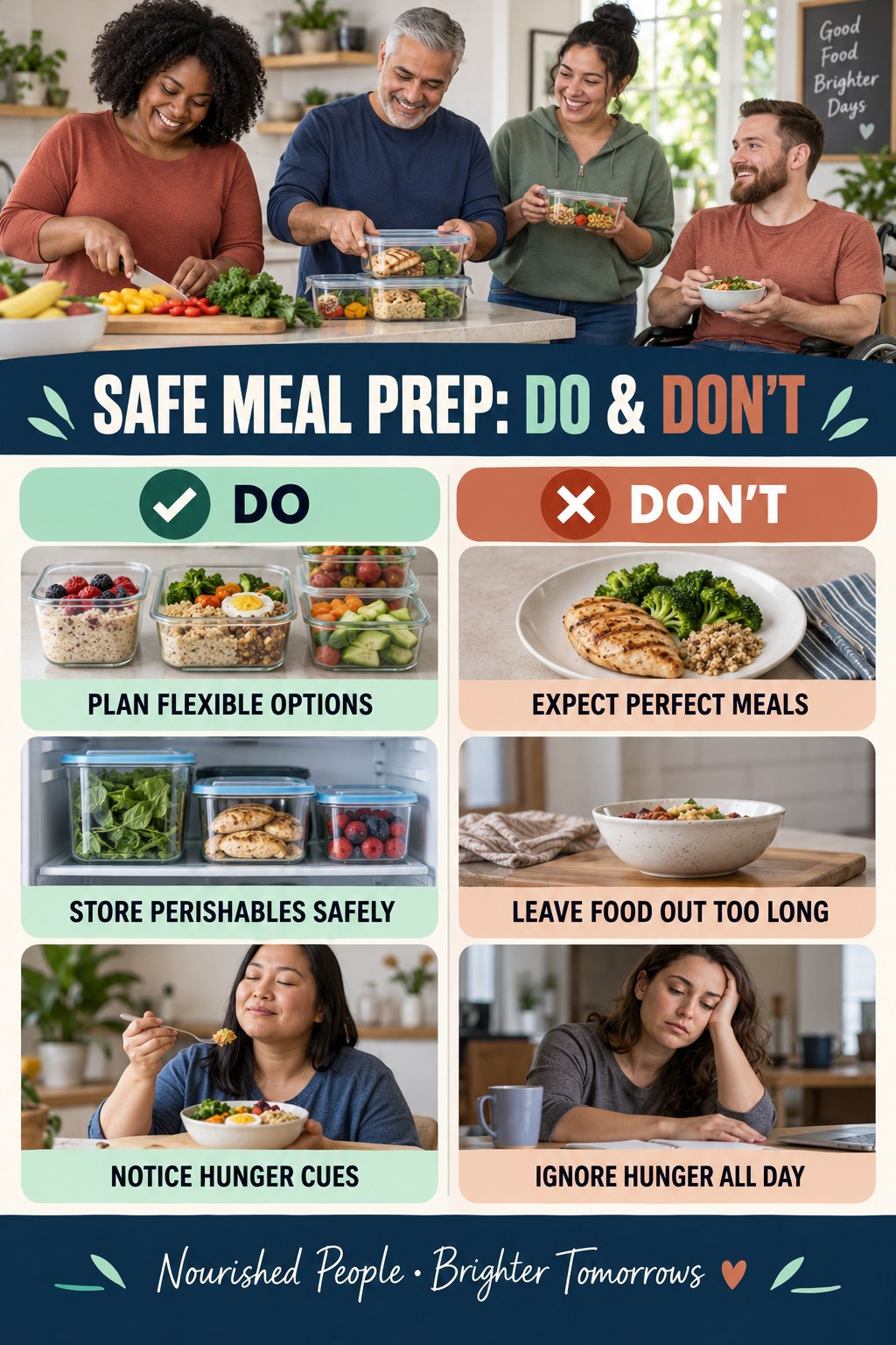 High Protein Breakfast Do and Don’t comparison graphic showing three practical behavior pairs for safe meal prep.