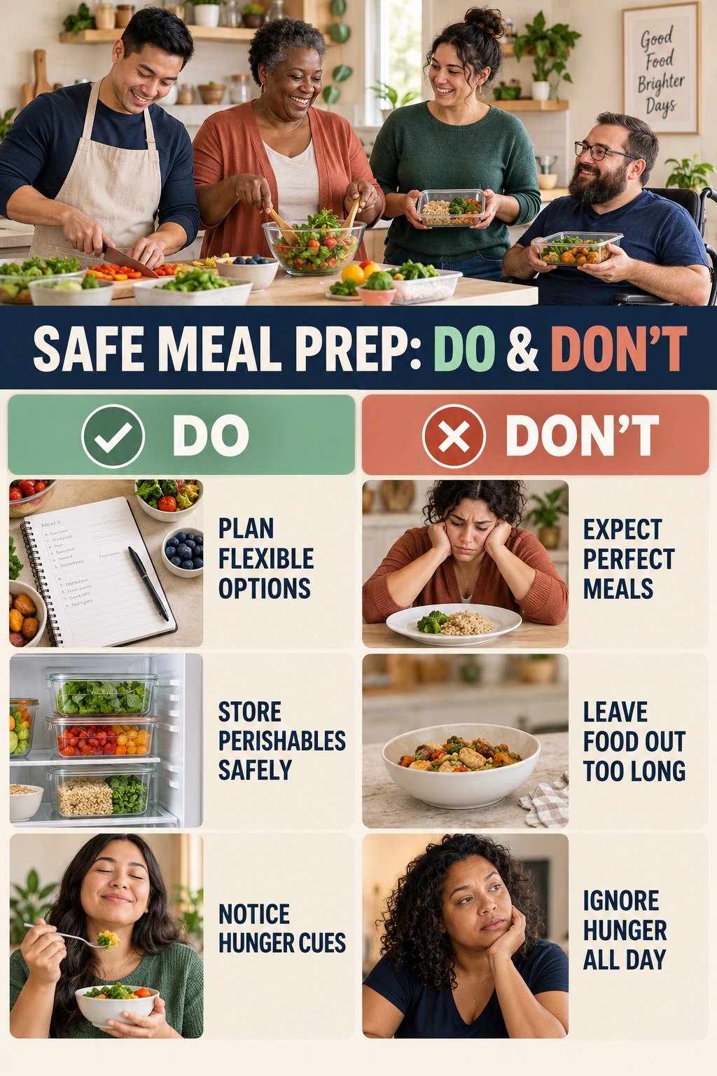Low Calorie Meals Do and Don’t comparison graphic showing three practical behavior pairs for safe meal prep.