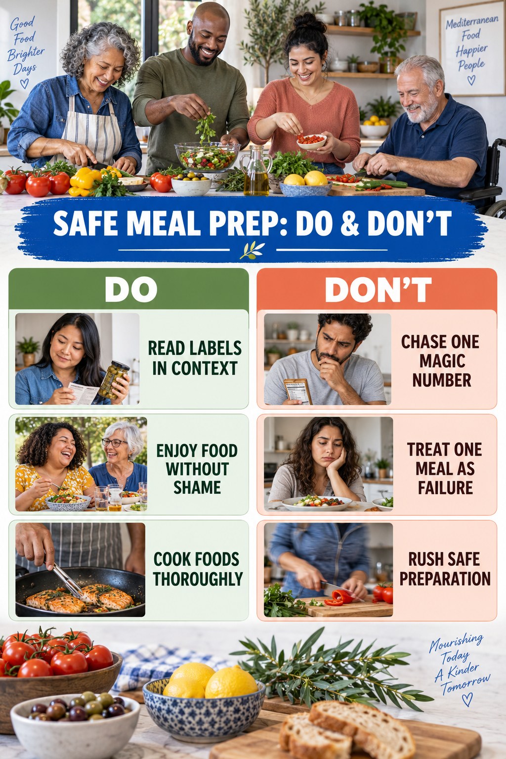 Mediterranean Diet Do and Don’t comparison graphic showing three practical behavior pairs for safe meal prep.