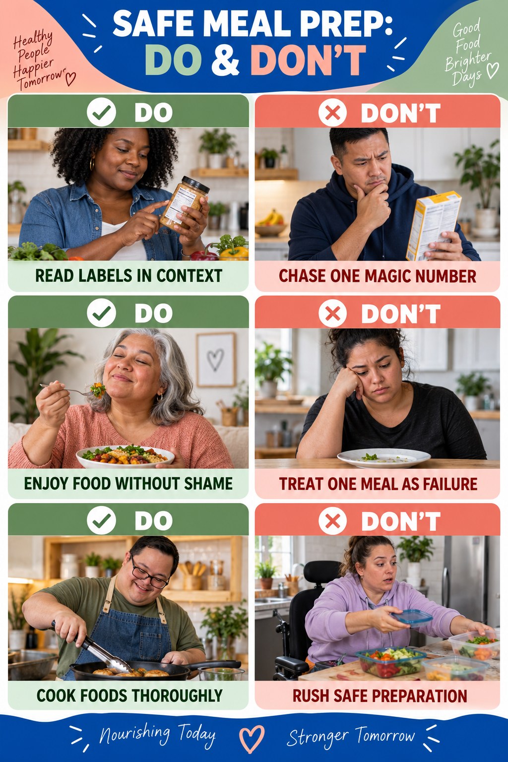 Weight Loss Recipes Do and Don’t comparison graphic showing three practical behavior pairs for safe meal prep.