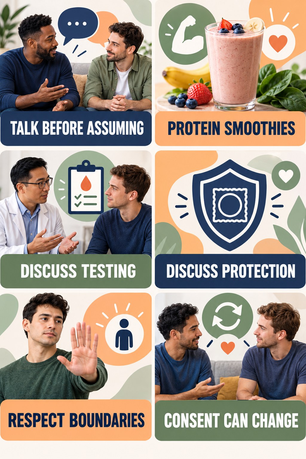 Safer Sex Starts With Clear Communication infographic for Protein Smoothies with four concise, non-shaming sexual-health education points.
