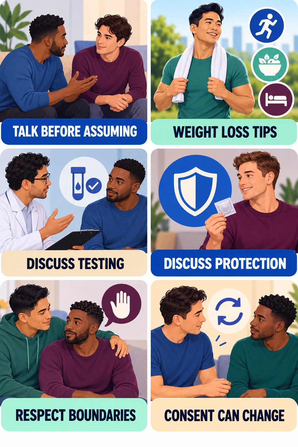 Safer Sex Starts With Clear Communication infographic for Weight Loss Tips with four concise, non-shaming sexual-health education points.