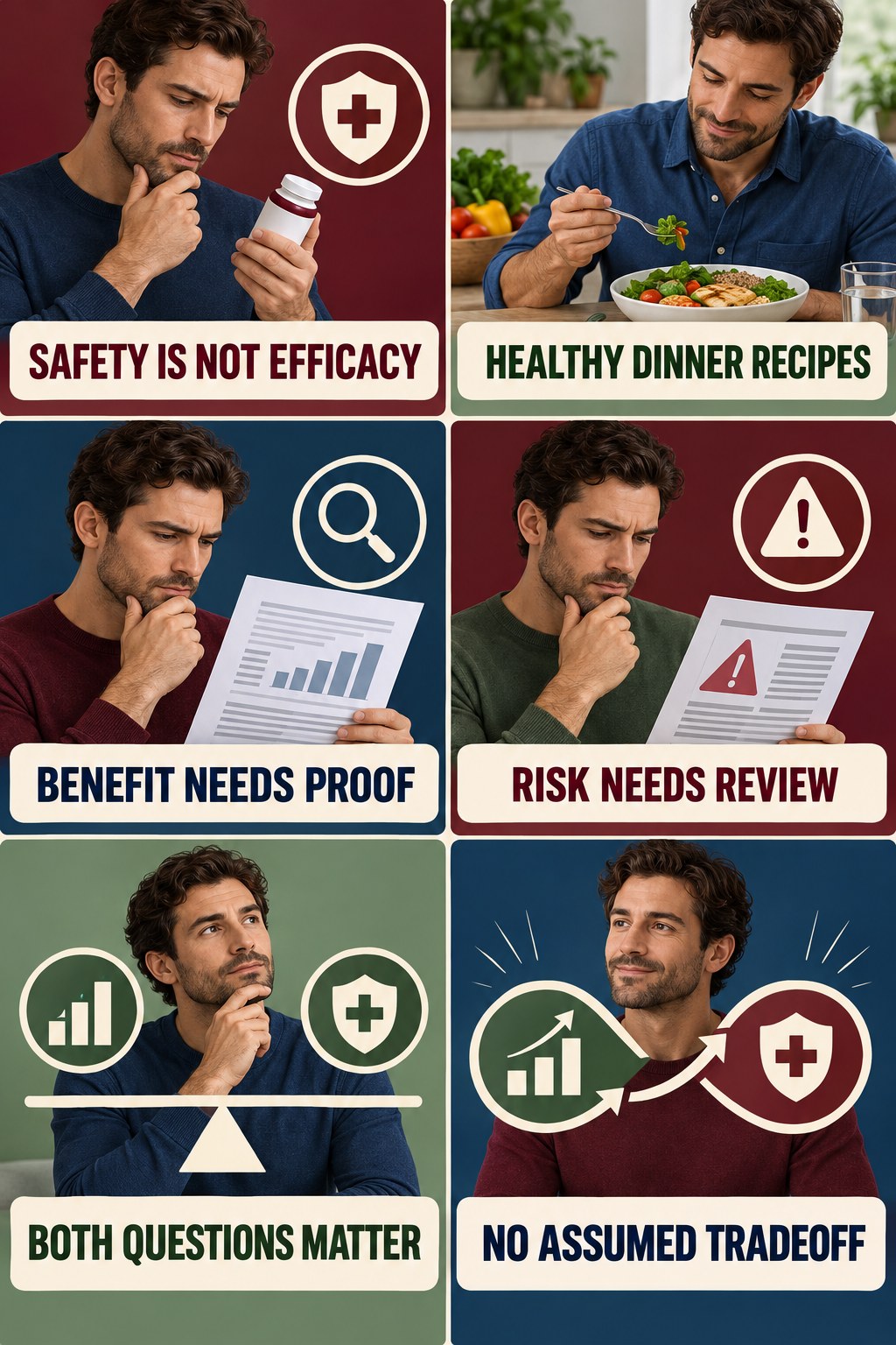 Safety Evidence Is Separate From Efficacy evidence-literacy infographic for Healthy Dinner Recipes with four concise claim-evaluation checks.