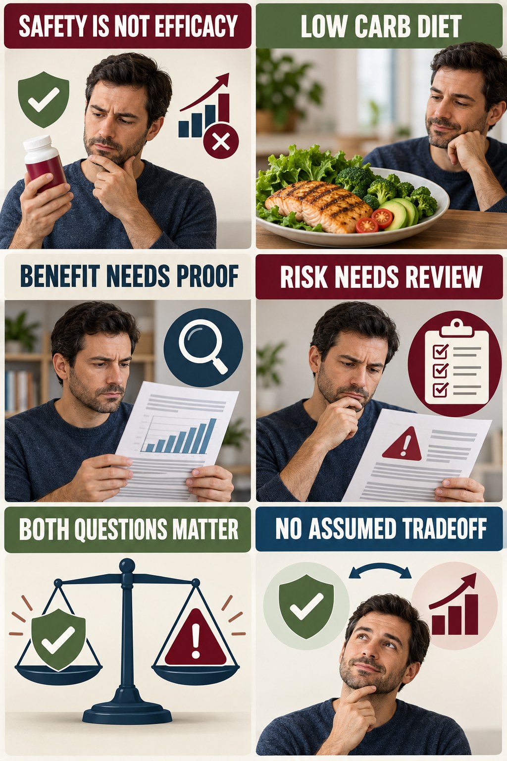 Safety Evidence Is Separate From Efficacy evidence-literacy infographic for Low Carb Diet with four concise claim-evaluation checks.
