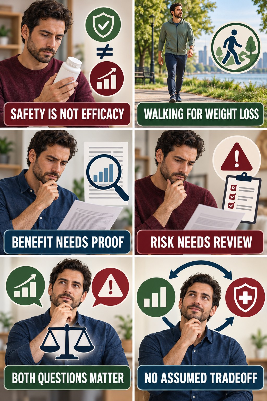 Safety Evidence Is Separate From Efficacy evidence-literacy infographic for Walking for Weight Loss with four concise claim-evaluation checks.