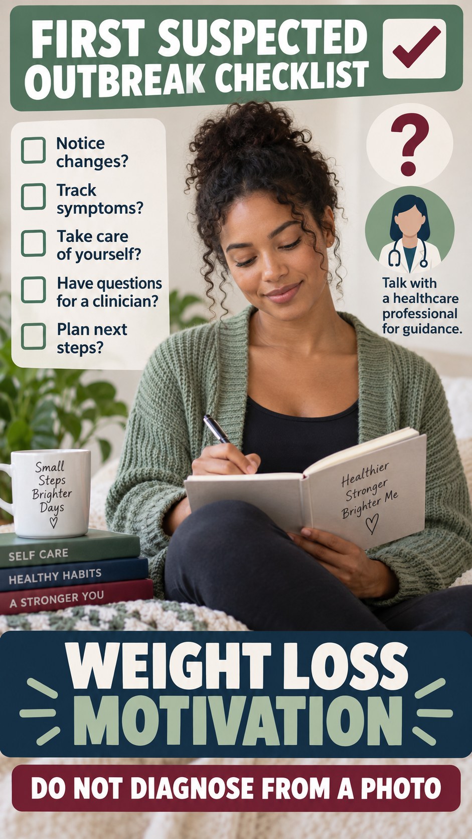 First Suspected Outbreak Checklist infographic for Weight Loss Motivation, presenting respectful general HSV self-care comfort, hygiene, and safety education.