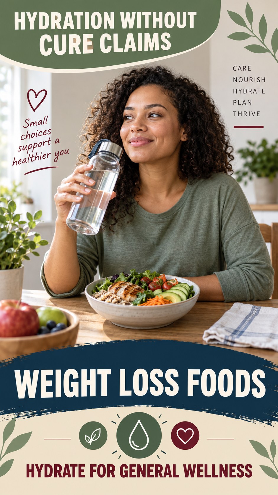 Hydration Without Cure Claims infographic for Weight Loss Foods, presenting respectful general HSV self-care comfort, hygiene, and safety education.