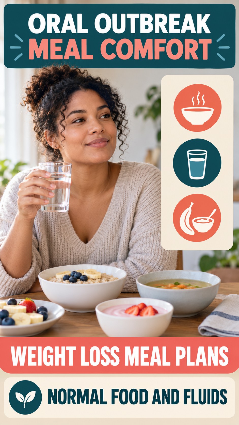 Oral Outbreak Meal Comfort infographic for Weight Loss Meal Plans, presenting respectful oral herpes comfort, hygiene, and safety education.