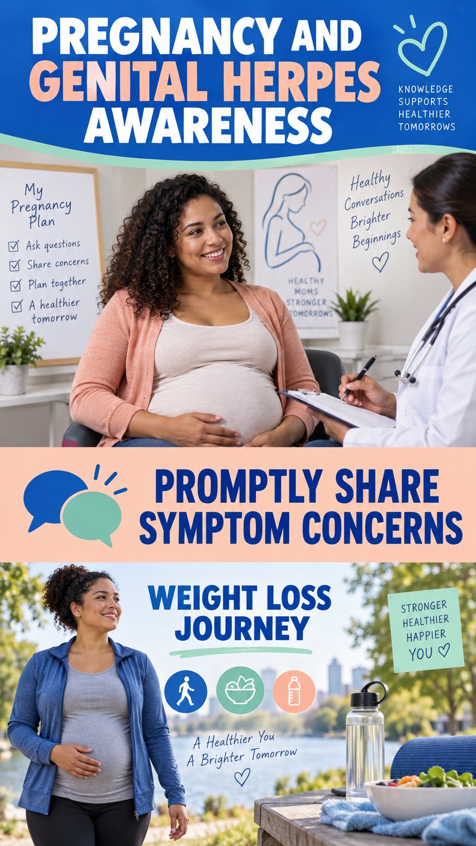 Pregnancy and Genital Herpes Awareness infographic for Weight Loss Journey, presenting respectful genital herpes comfort, hygiene, and safety education.