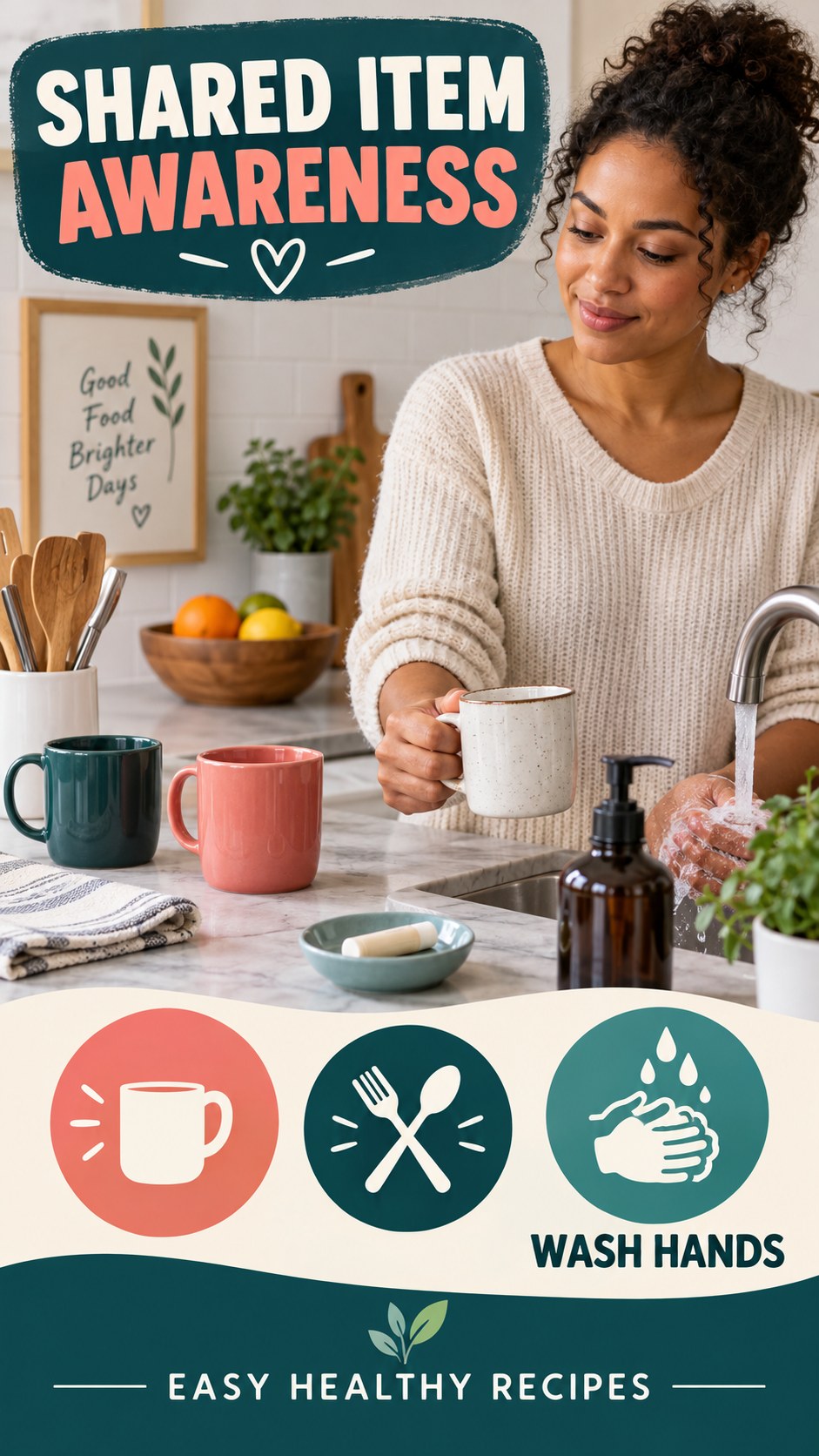 Shared Item Awareness infographic for Easy Healthy Recipes, explaining that possible cold-sore triggers vary by person.