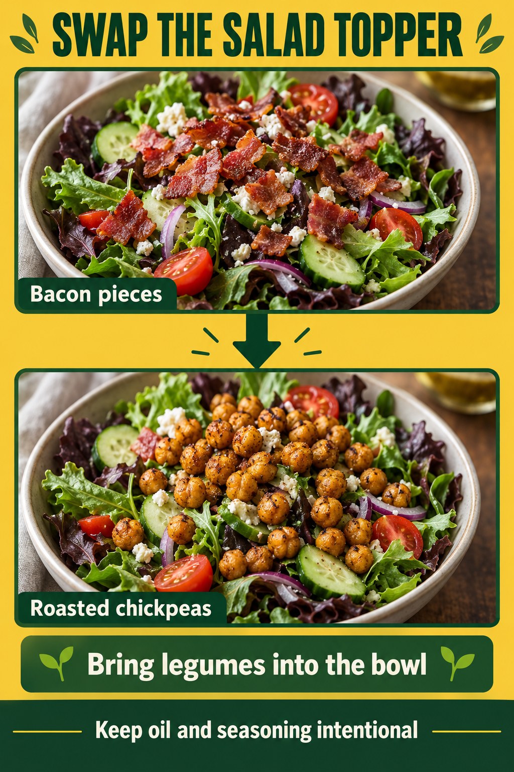 A salad topped with bacon pieces compared with the same salad topped with roasted chickpeas.