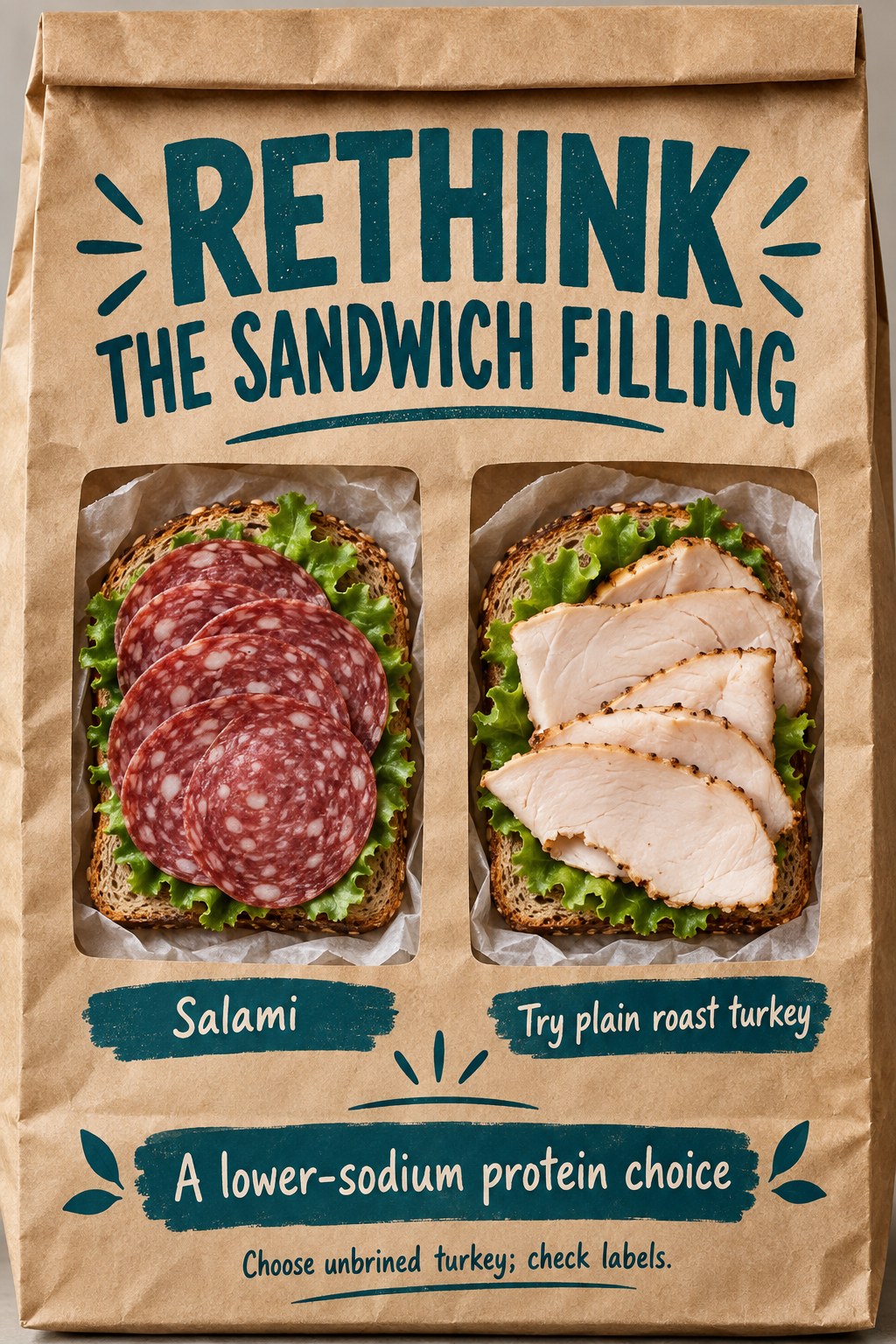 Kraft lunch bag graphic compares salami and plain roast turkey sandwiches with a lower-sodium protein message.